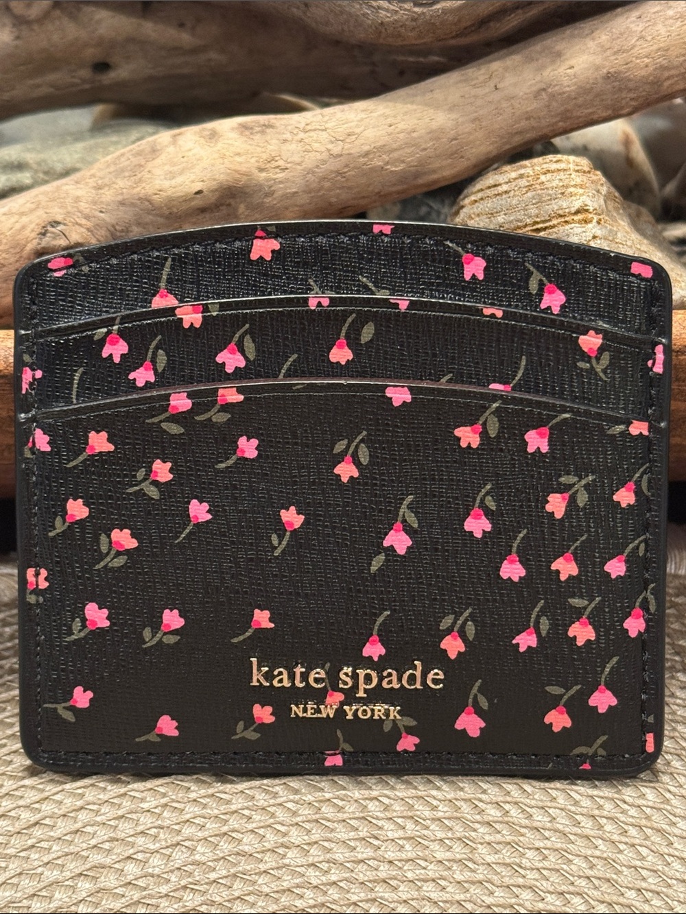 Kate Spade Black Card Case with Pink Floral Print NWOT